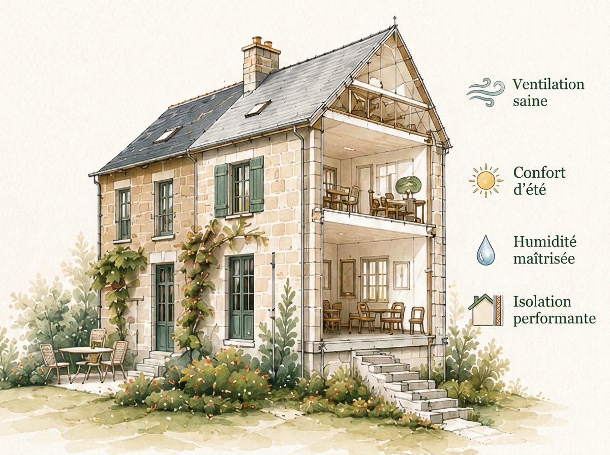 Maison en pierre bretonne dans un jardin verdoyant