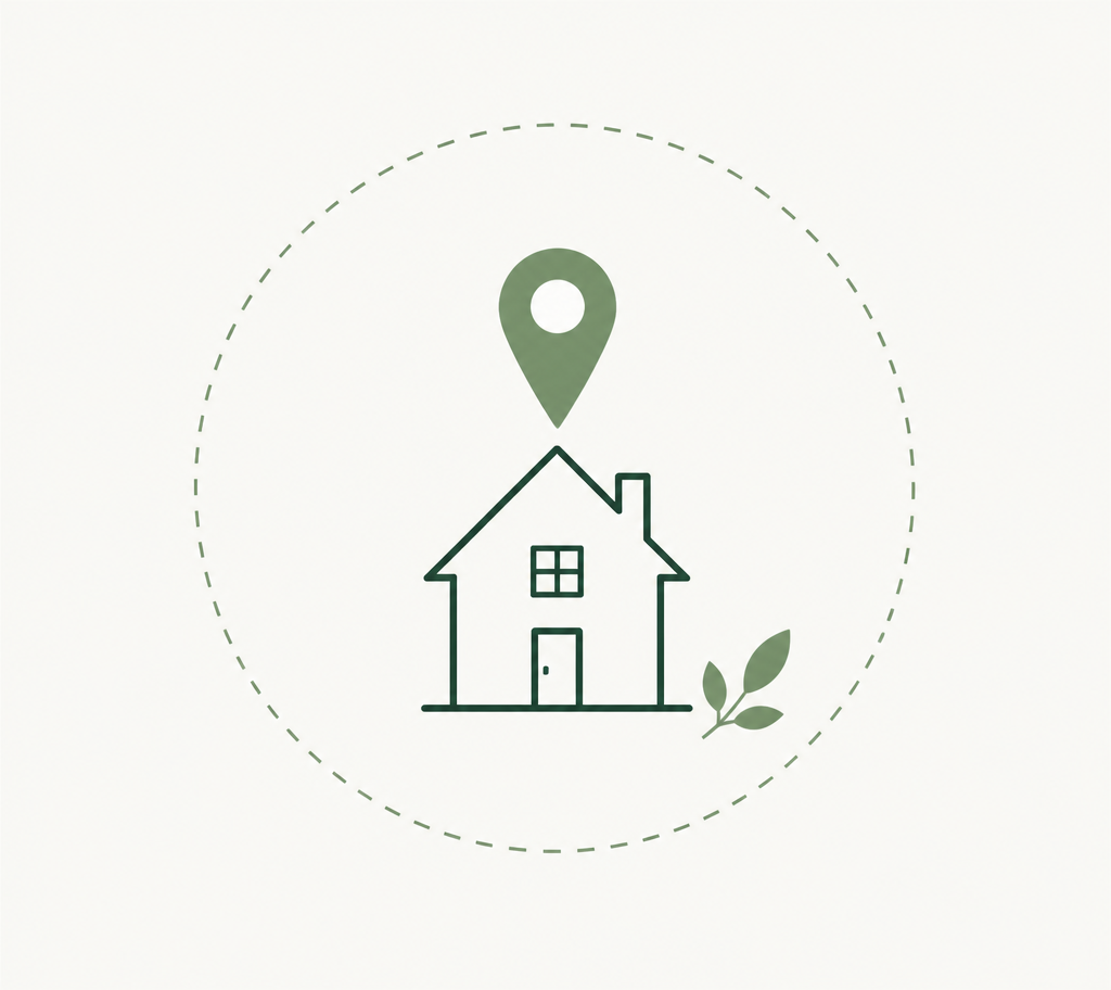 Illustration minimaliste d'une maison avec un repère de localisation et un rayon d'intervention de 150 km