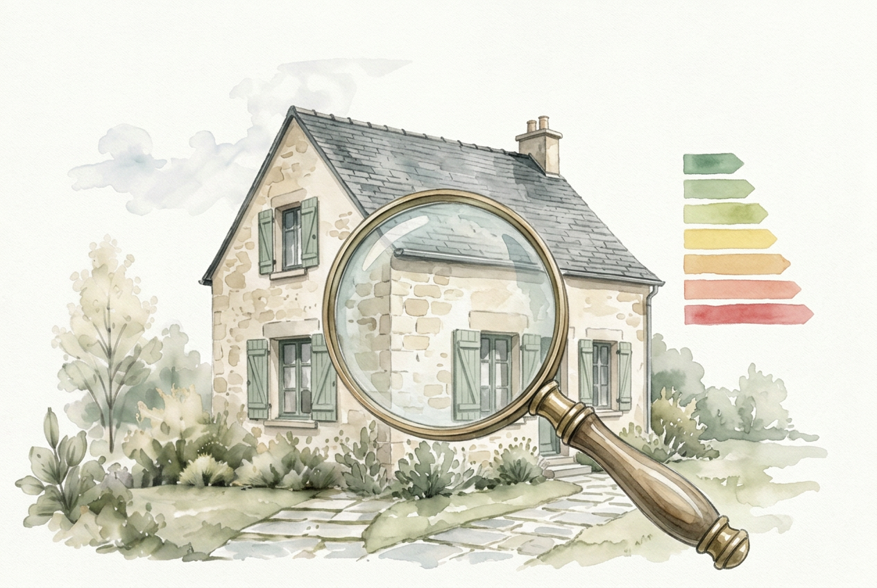 Maison en pierre avec loupe et étiquette énergétique